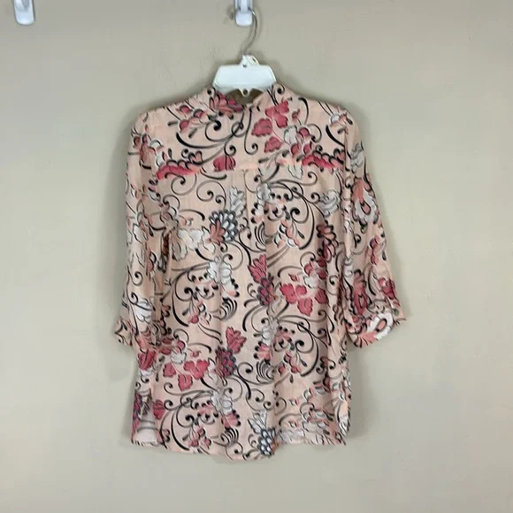 Chico’s Pink Linen Floral Print 3/4 Sleeve No Iron Shirt Top Size 00 (0/2) - Picture 3 of 14